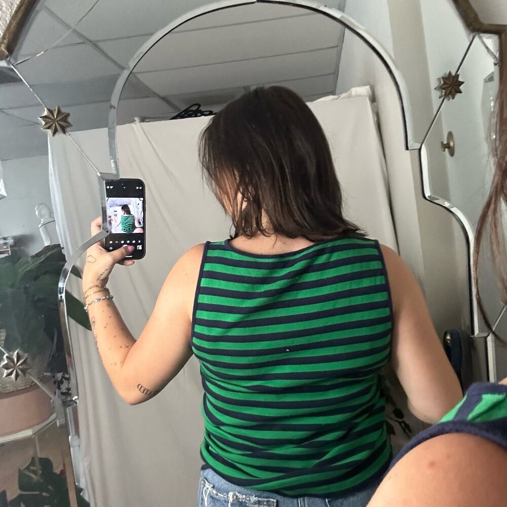 J. Crew Crew Neck Stripe Tank Top Green Navy Size Large - Picture 2 of 5
